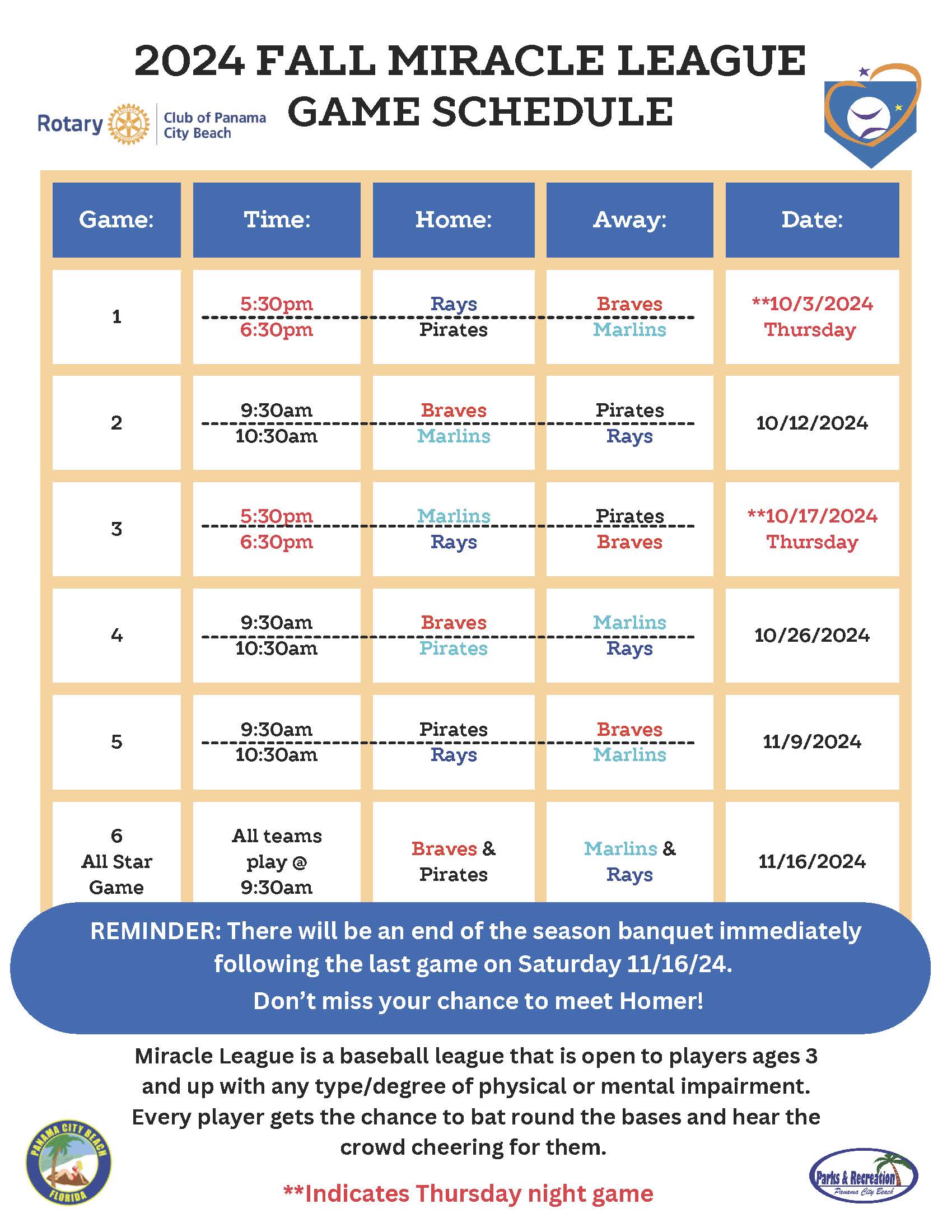 2024 Miracle League Game Schedule