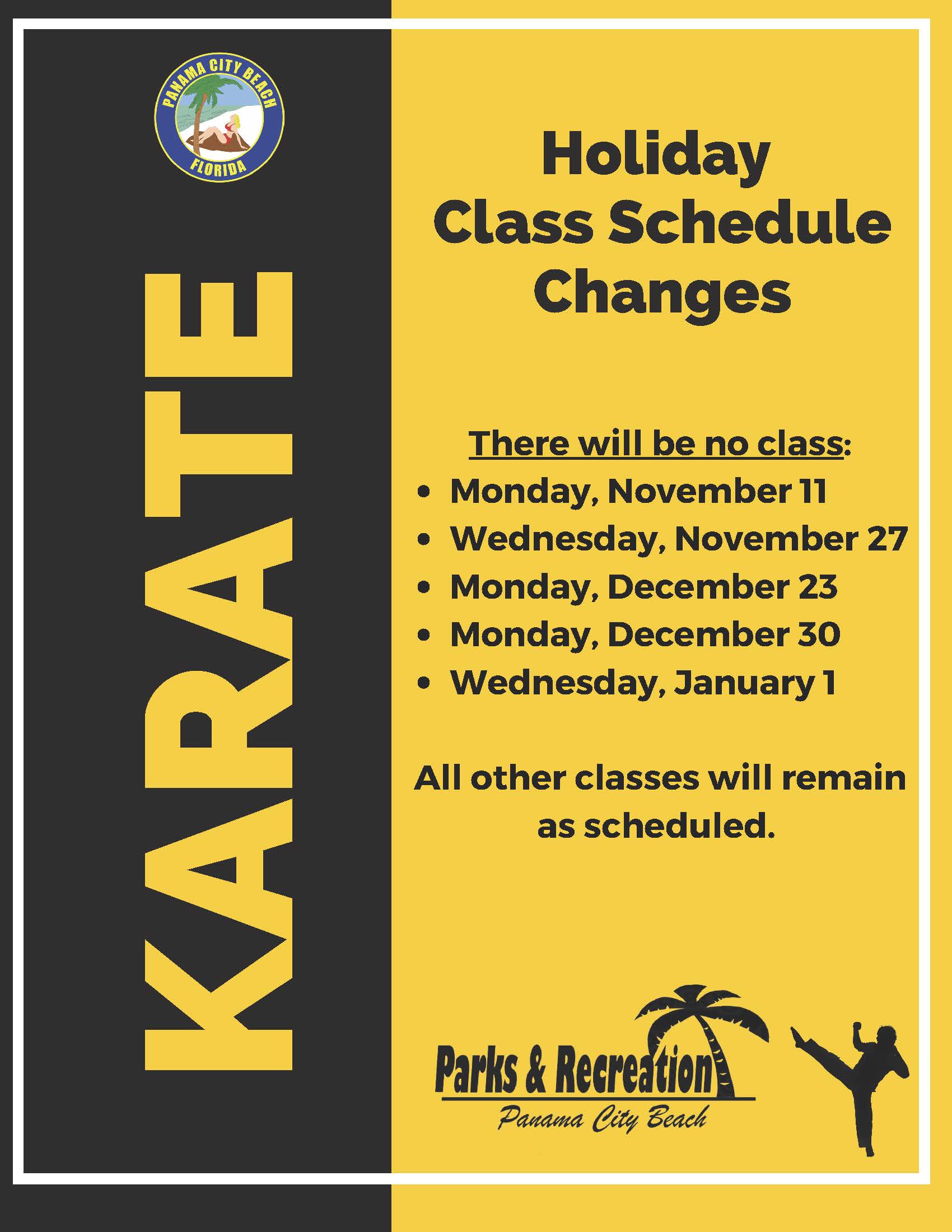 Karate  Holiday Schedule Notice - Revised 11-8-24