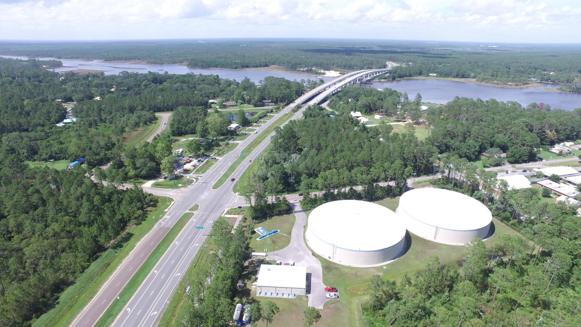 Aerial view of the west bay water pumping and storage facility and the west bay bridge