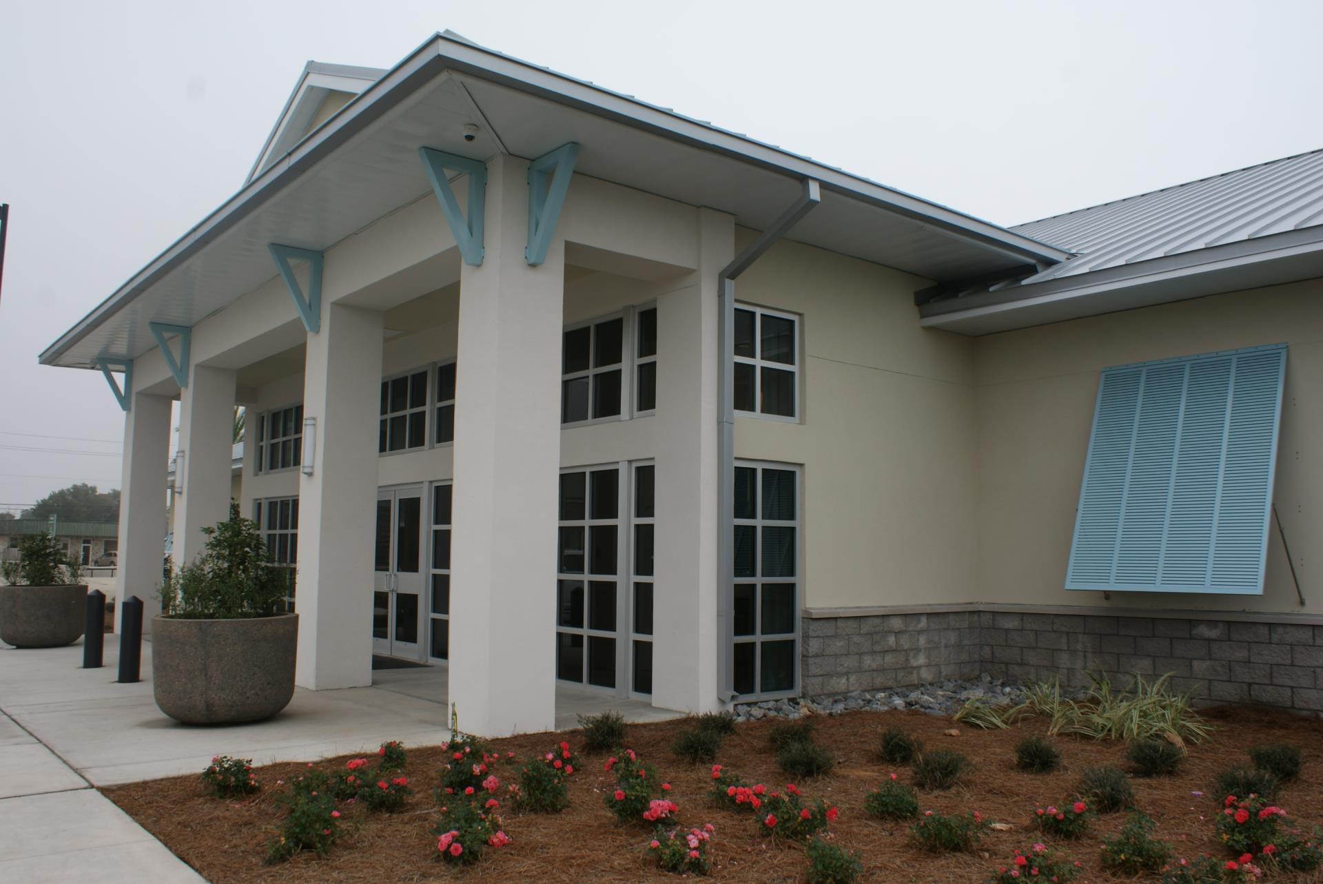 City Hall new building with blue shutters