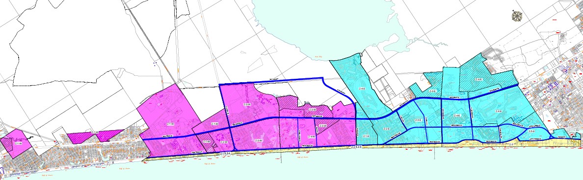 Code Enforcement map showing the areas patrolled by each Code Enforcement Officer by color. Deborah Jones patrols the areas highlighted in pink. Donovan McCabe patrols the areas highlighted in blue. Carol Wagner patrols the areas highlighted in yellow.